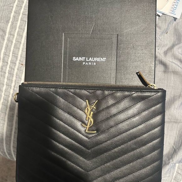 Saint Laurent Black Chevron Clutch with Gold Logo - Picture 1 of 3